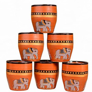 Gateway of Handicraft Hand Printed Brown Ceramic Kulhad/Kullad Cups Set of 6 - kulhar/kullhar chai Cups/kullad Cup Set/kullad Tea Cups/kullad Mugs/kullad Tea Set (Set of 6)