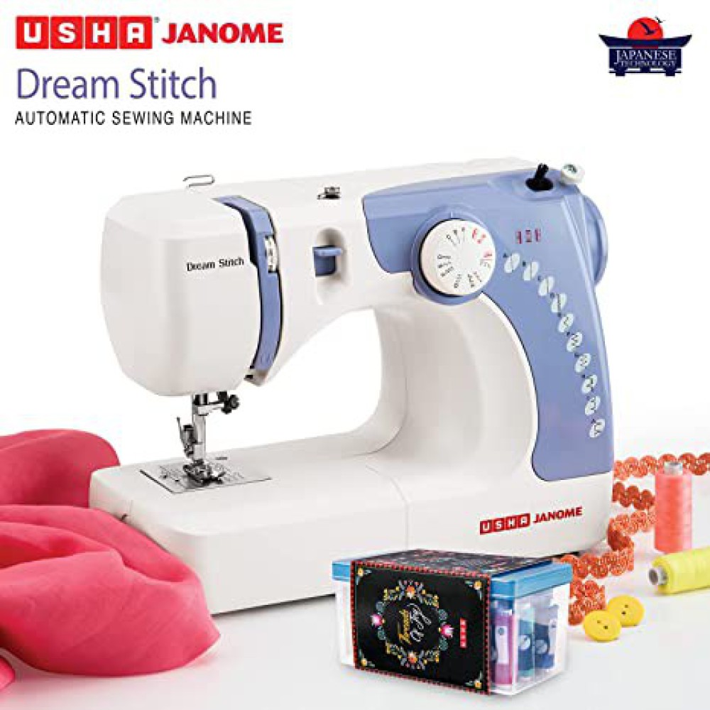 Usha Janome Dream Stitch Automatic Zig-Zag Electric Sewing Machine with 14 Stitch Function (White and Blue) with Free Sewing KIT Worth RS 500