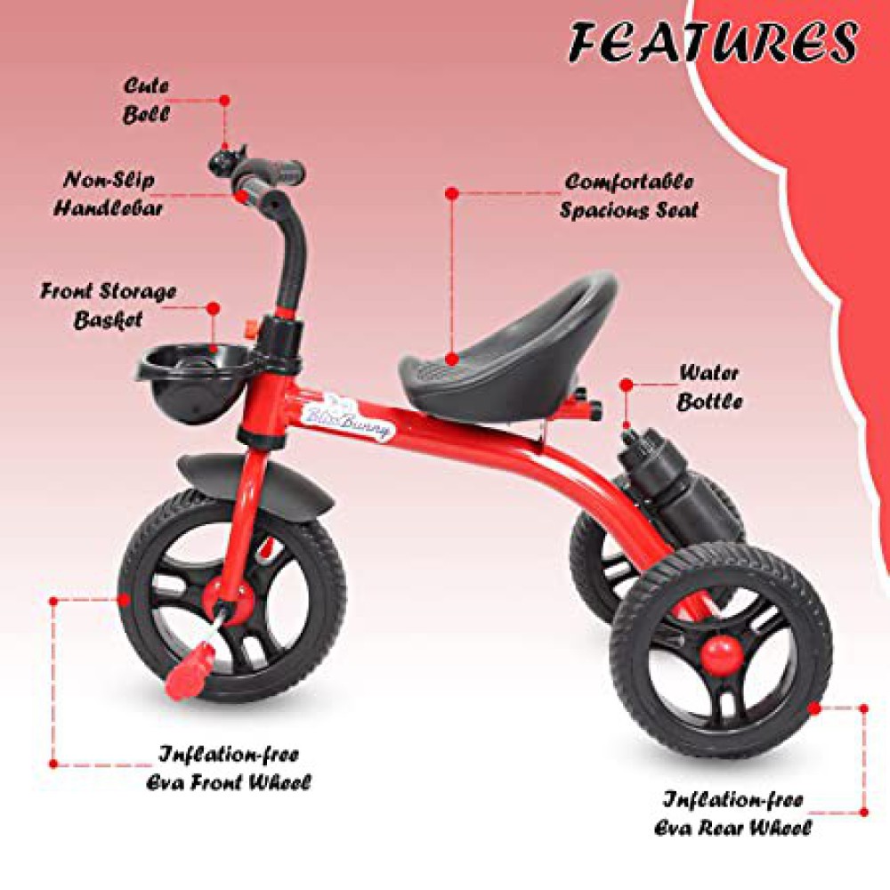 Bliss Bunny Tricycle for Kids with a Front Basket, Water Bottle on Rear Side, Bell and Color Wheels for Boys and Girls for Age 1 to 5 yrs (Red)